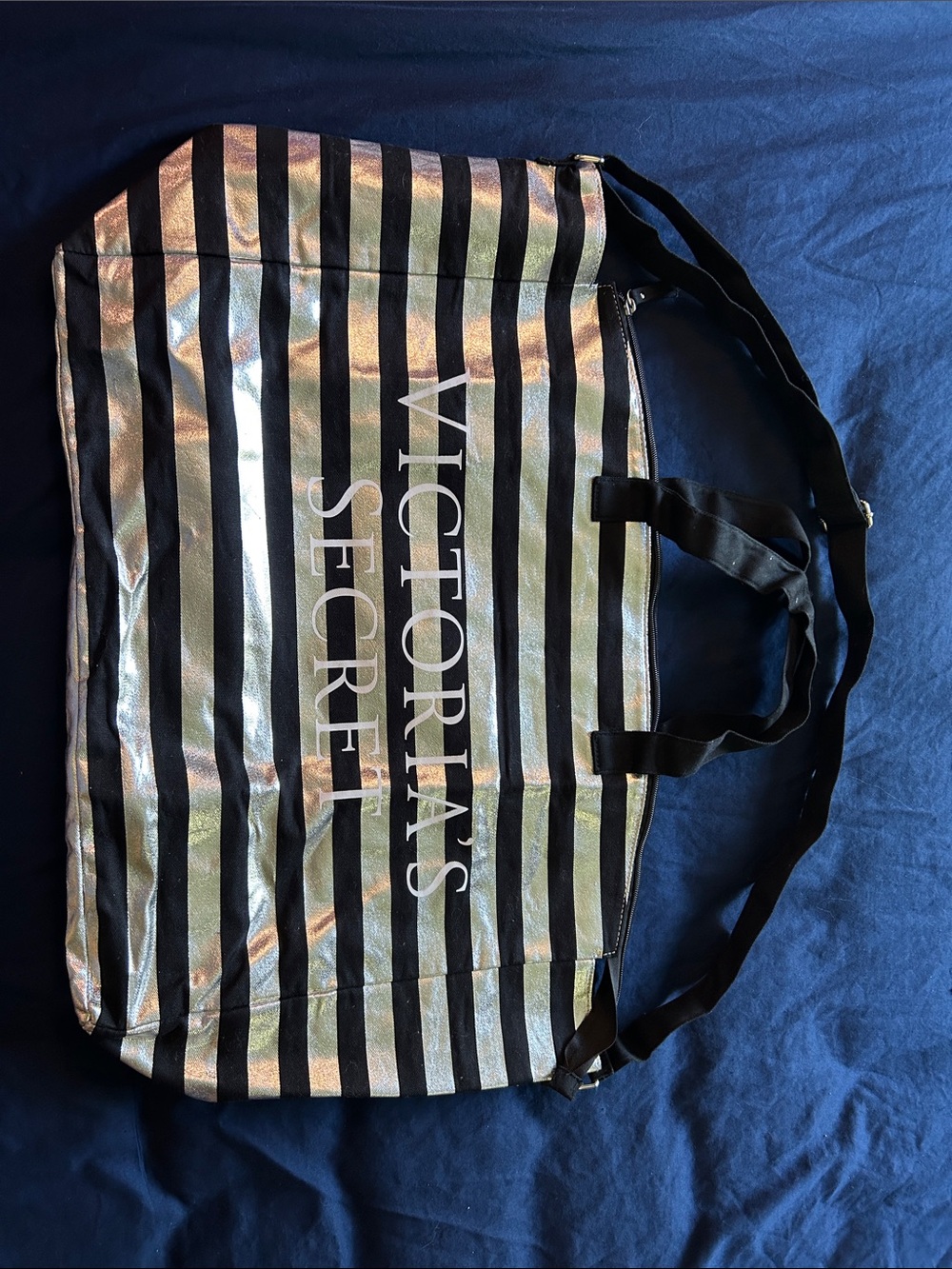 Victoria's Secret Black and Silver Metallic Striped Tote